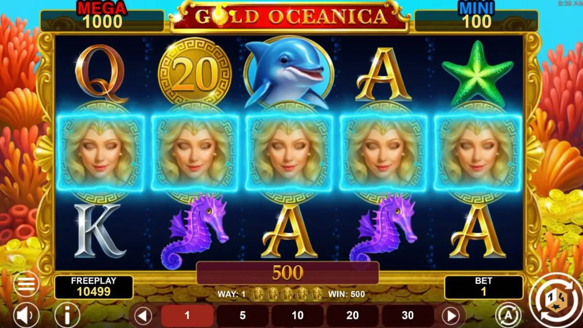 Tampilan antarmuka slot Gold Oceanica di perangkat mobile