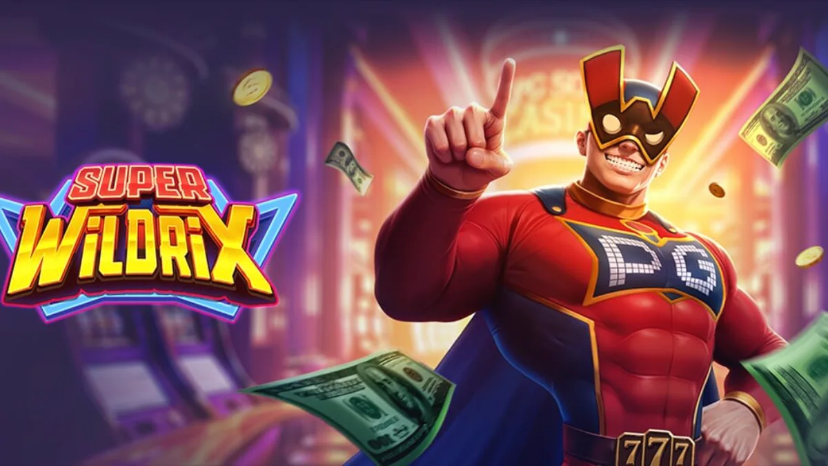 Tampilan visual slot Super Wildrix dengan tema pahlawan super dan lampu neon