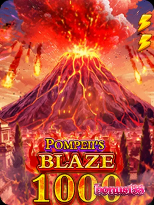 Tampilan visual slot Pompeii’s Blaze 1000 dengan latar belakang gunung berapi dan simbol Romawi